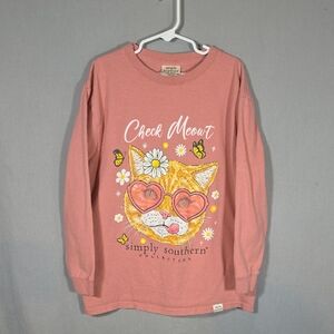 Simply Southern Kids Pink 'Check Meowt' Cat Long Sleeve Tee Size Youth Medium